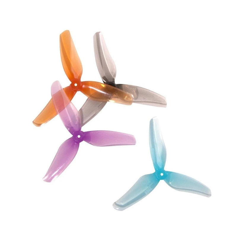 Tri-blade FPV drone propellers, translucent orange, purple, and blue (8-pack)