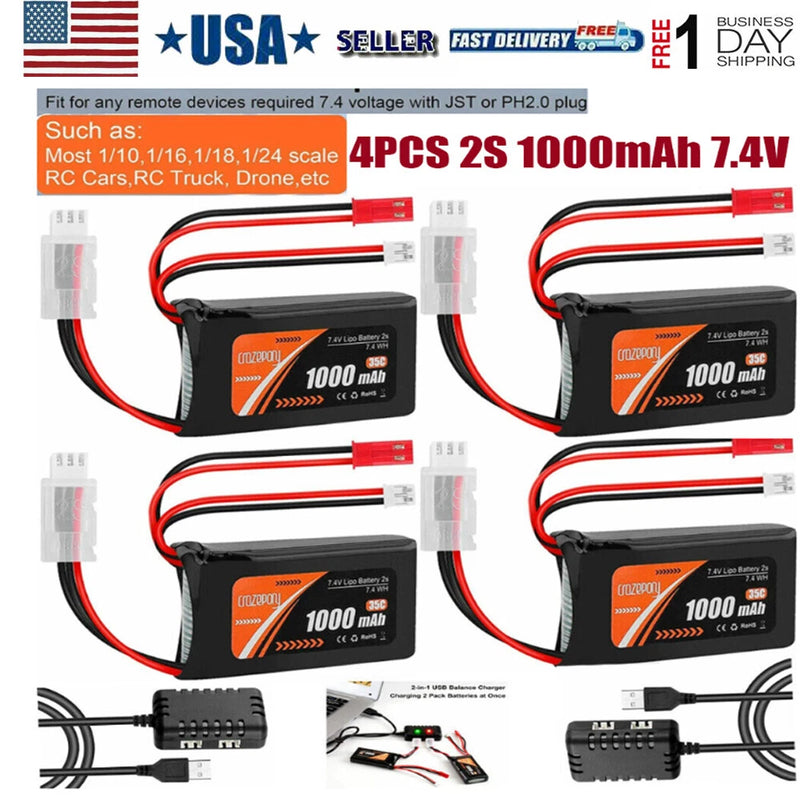 4PCS 2S 1000mAh 7.4V Lipo Battery SCX24 PH2.0 & JST Plug 35C+ USB Charger for RC