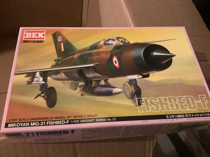 Vintage aircraft model kit box showing MiG-21 Fishbed-F jet on retail packaging