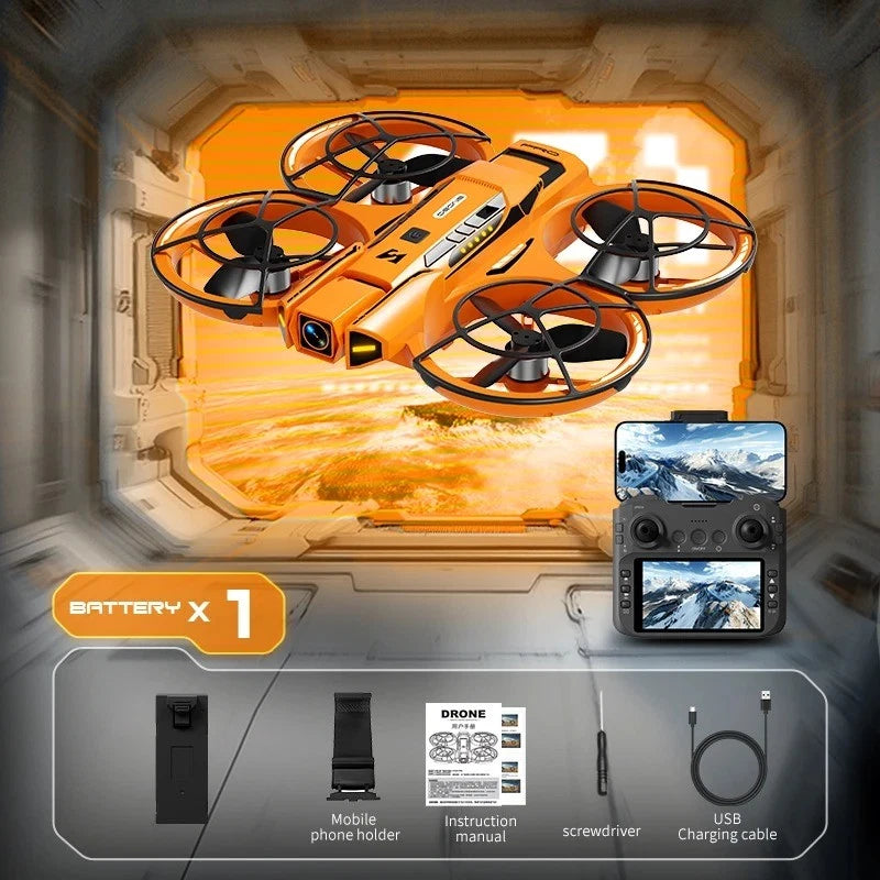 Orange FPV drone with 4-blade propellers and handheld controller screen