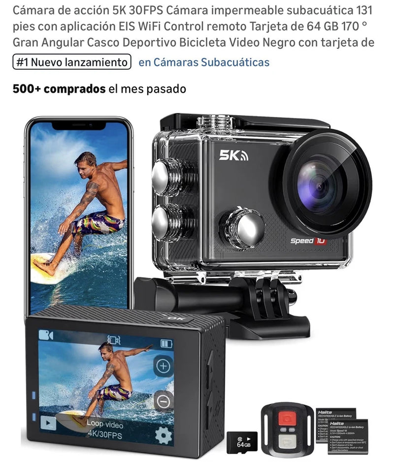 5K Action Camera Waterproof WiFi Remote Control Wide Angle Speed 10 Black