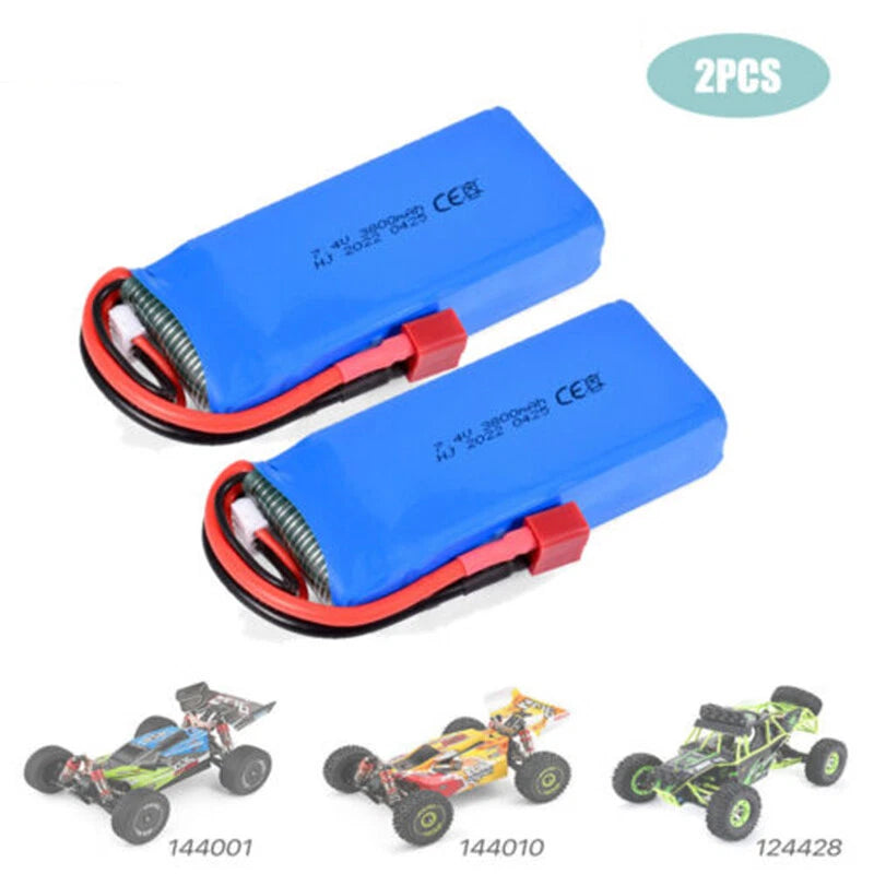 2Pcs 7.4V 3800mAh Lipo Battery T-Male High Capacity Battery for Wltoys RC Cars