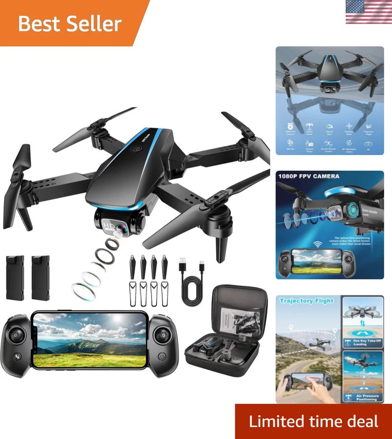 Black foldable quadcopter drone with controller screen and carrying case accessories set
