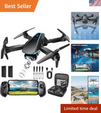 Black foldable quadcopter drone with controller screen and carrying case accessories set