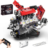 Red and gray mini engine model kit with detailed mechanical parts and battery pack