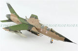 1/72 F-105F Thunderchief model aircraft with green-and-tan camouflage, landing gear down.