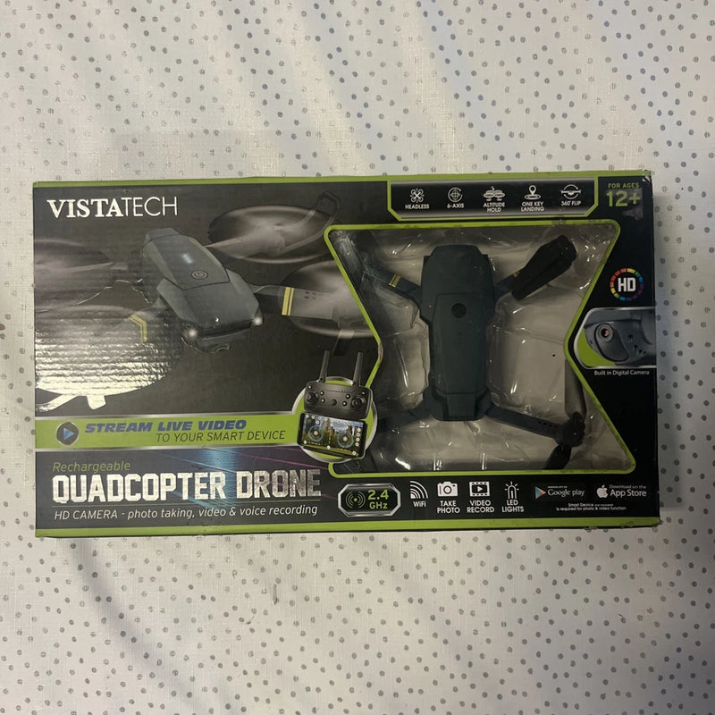 VistaTech quadcopter drone retail box with HD camera and live video streaming