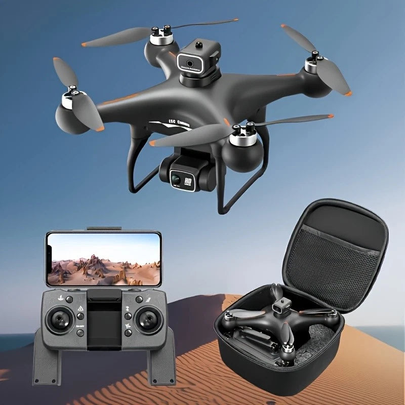 Gray quadcopter drone with 4K dual camera, plus controller and hard case