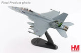 1/72 scale F/A-18F fighter jet model, gray with markings, on display stand