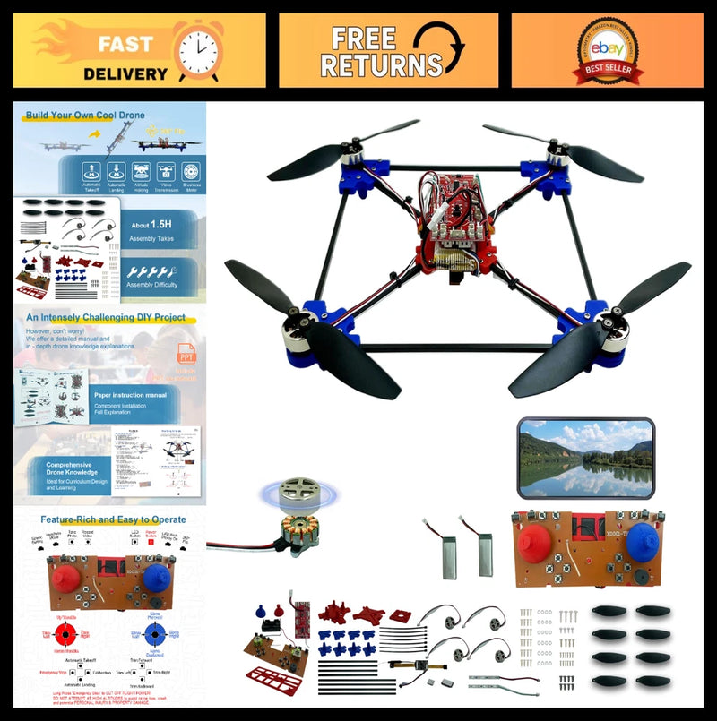 Quadcopter drone kit with blue frame, four propellers, and control board