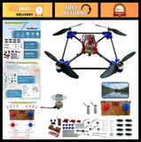 Quadcopter drone kit with blue frame, four propellers, and control board