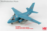 Blue 1/72 scale naval aviation model airplane with landing gear extended