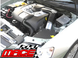 Car cold air intake kit with black intake tube and silver pipe in engine bay
