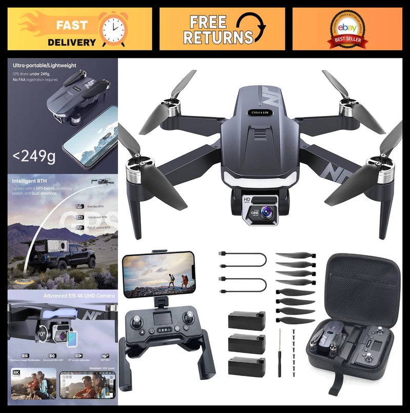 Foldable black GPS drone with front camera and propellers, plus controller accessories