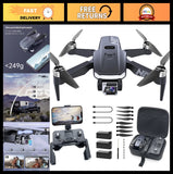 Foldable black GPS drone with front camera and propellers, plus controller accessories