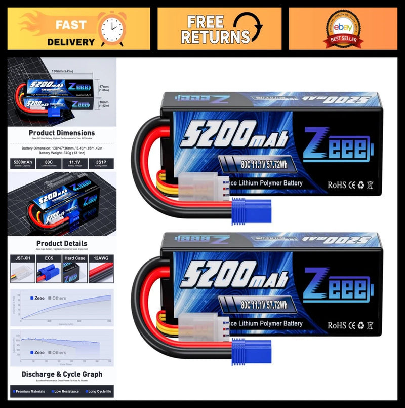 High-Performance 3S Lipo Battery 5200mAh 11.1V 80C Hard Case EC5 Connector for R Battery