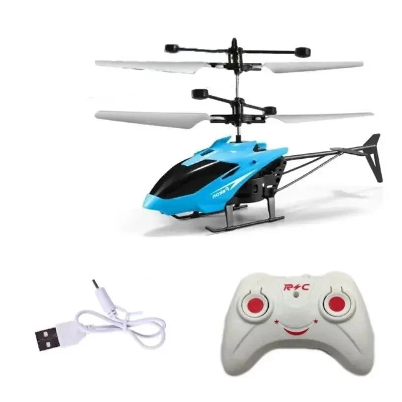 Mini RC helicopter drone toy with blue body and white controller plus USB charging cable