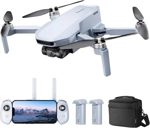 White quadcopter drone with camera, remote controller, spare batteries, and black carry bag