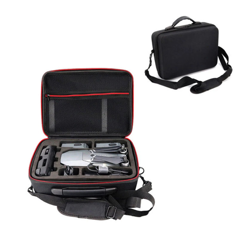Hard-shell drone carrying case with red trim, zipper, foam compartments, and shoulder strap
