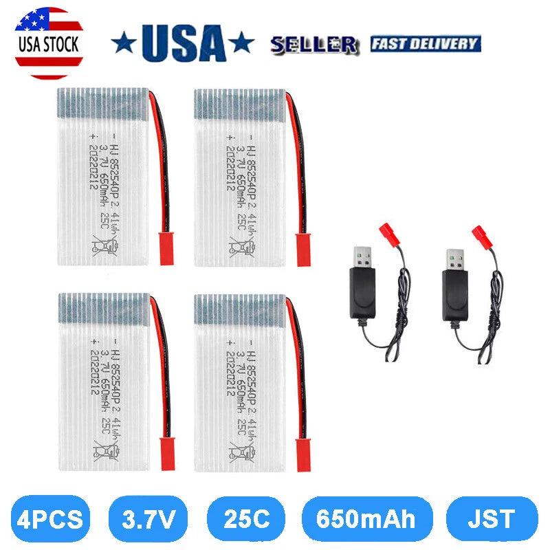 4Pcs 650mAh 3.7V 25C Lipo Battery JST Connector+USB Charger for Mini Orion Drone