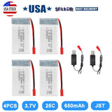 4Pcs 650mAh 3.7V 25C Lipo Battery JST Connector+USB Charger for Mini Orion Drone