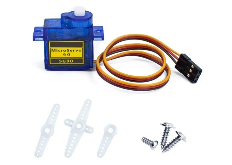 Micro servo motor set: blue SG90 servo, wires, mounting horn, brackets & screws