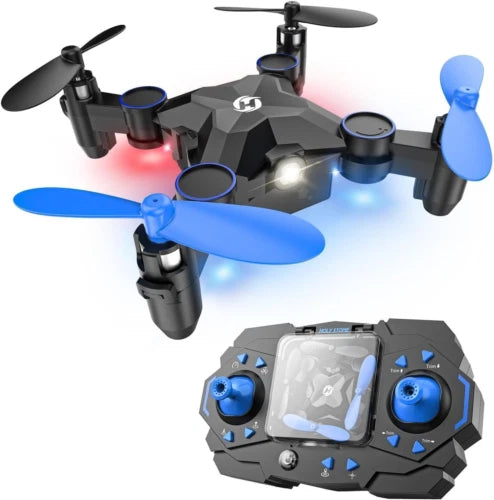 Blue foldable mini RC drone with four propellers and black remote controller with screen