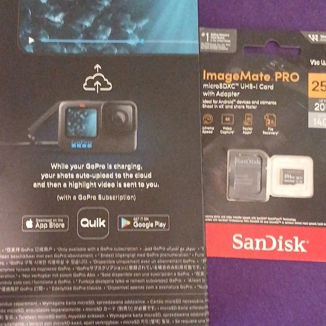 GoPro HERO11 Black action camera accessories on retail box, including 256GB card
