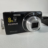 Black Fujifilm compact digital camera with front lens and 8x optical zoom