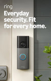 Battery doorbell with camera, black and silver, with blue illuminated button