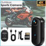 Black mini body action camera with wide lens, magnetic mount, 64GB storage kit