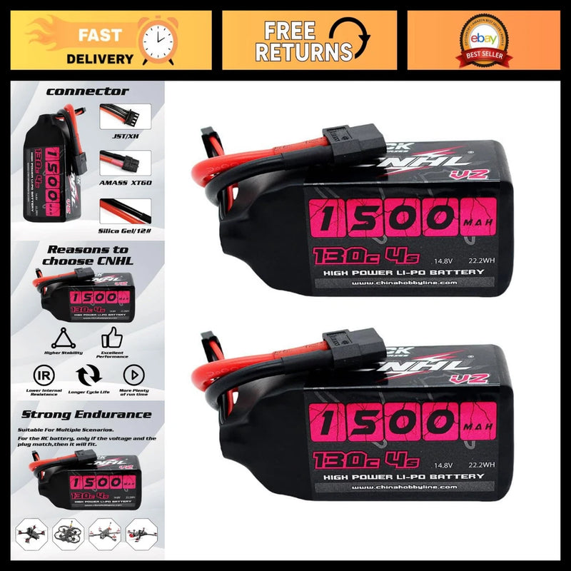 1500mAh 4S LiPo Battery 14.8V 130C XT60 Plug - High Performance (2 Packs) Battery