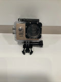 Waterproof HD 1080P action camera in clear case, front lens and mounting clamp