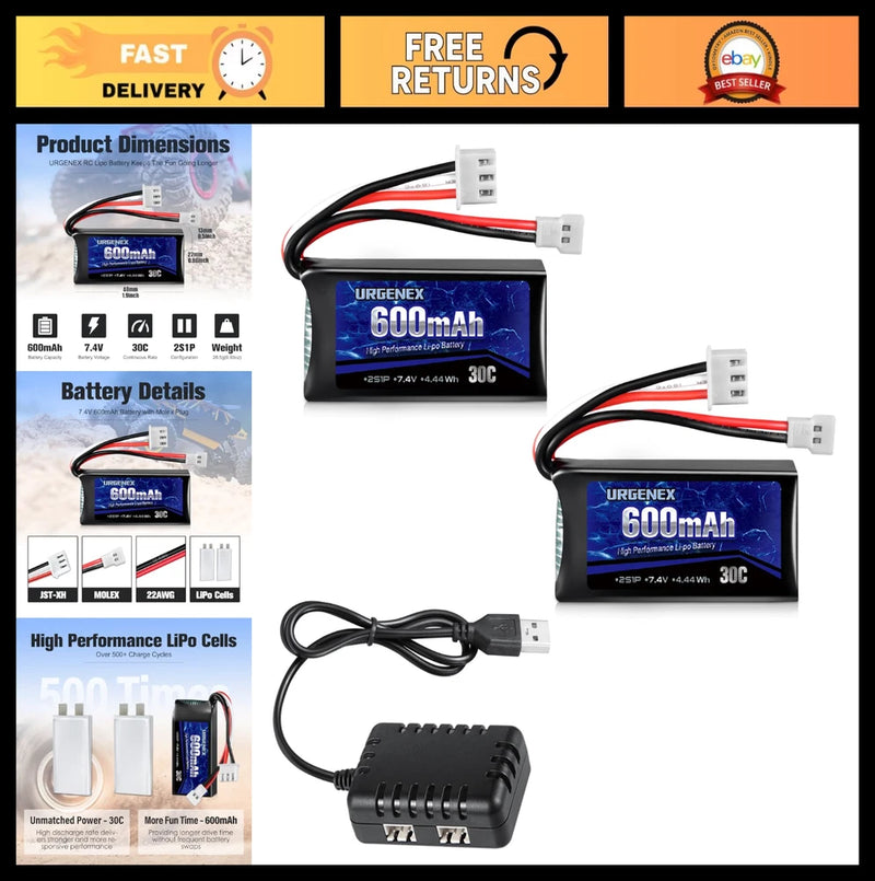 7.4V 2S 600mAh LiPo RC battery set with USB charger and wiring leads