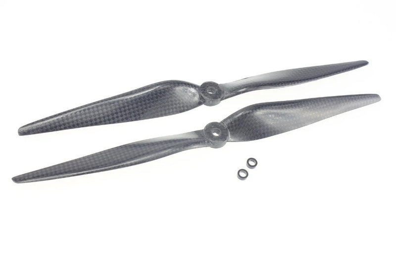 Carbon fiber propeller pair with dark gray blades and hub hardware