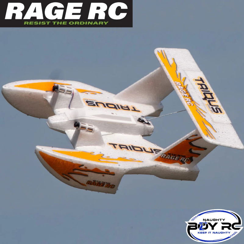 White and orange RC amphibious aircraft with twin floats and wing decals