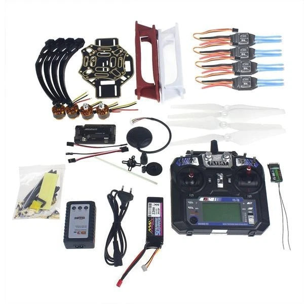 RC quadcopter drone kit with frame, controller transmitter, wiring and circuit boards