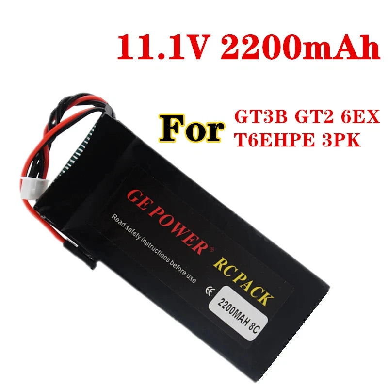 11.1V 2200mAh 8C RC transmitter battery pack with black casing and attached wiring