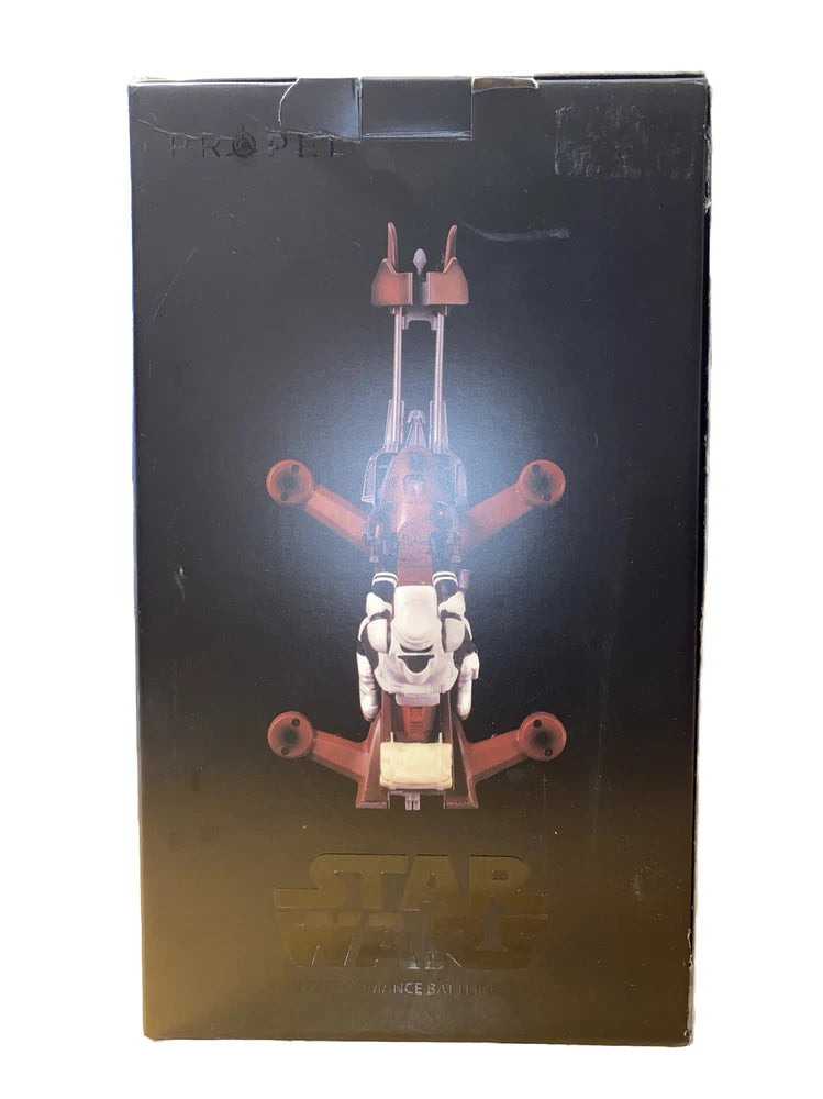 Star Wars-themed drone toy in retail box with speeder-bike graphic and character illustration