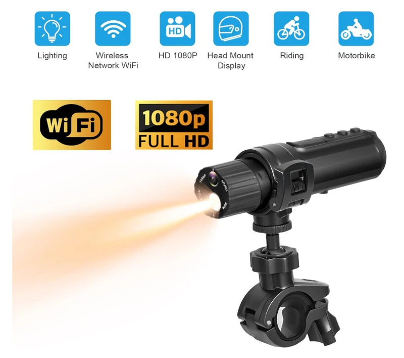 WiFi Helmet Camera & Flashlight, HD 1080P, 64GB M-SD Included-Bike Motorcycle