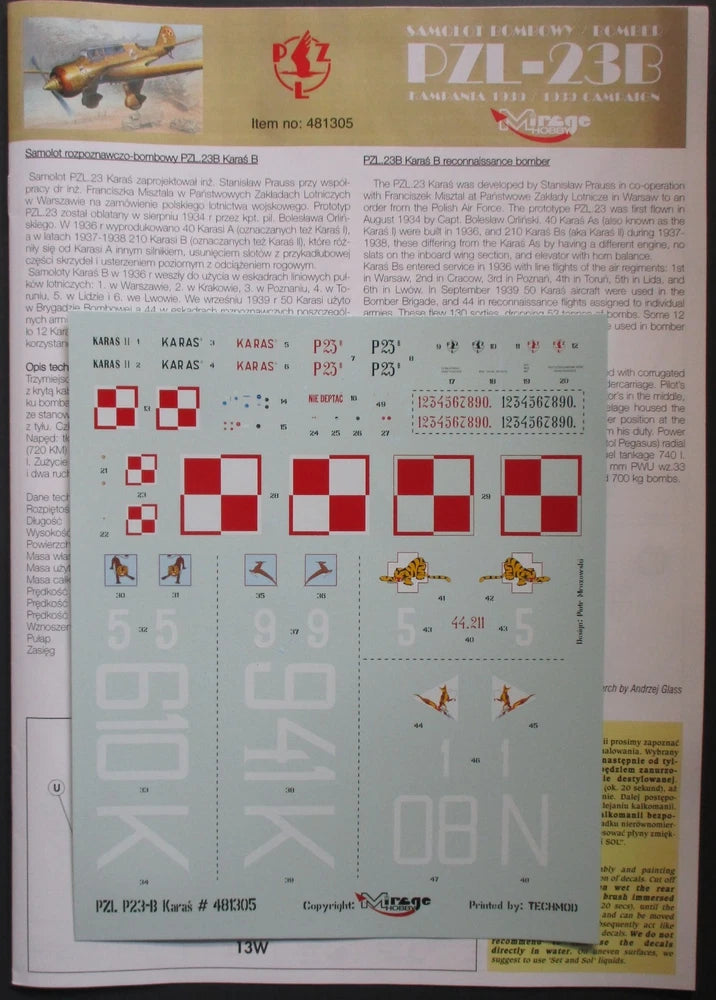 1/35 PZL-23B model decal sheet with printed markings and stencils (Mirage Hobby)