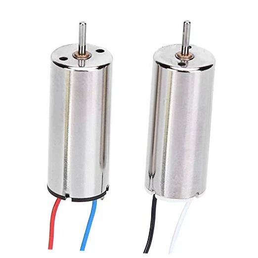 Two coreless brushed drone motors with metal shafts and lead wires (red/blue, black/white)
