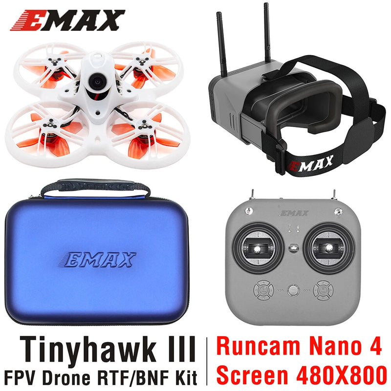 FPV drone kit with quadcopter, goggles, controller, and blue case