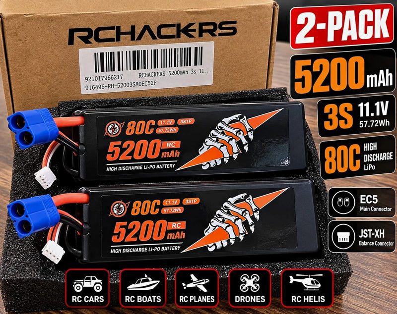 RCHACKERS 2-Pack 5200mAh 3S 11.1V 80C Hard Case LiPo Battery EC5 RC Car Battery