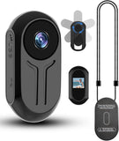 Mini body action camera with front lens, small screen, and clip mount