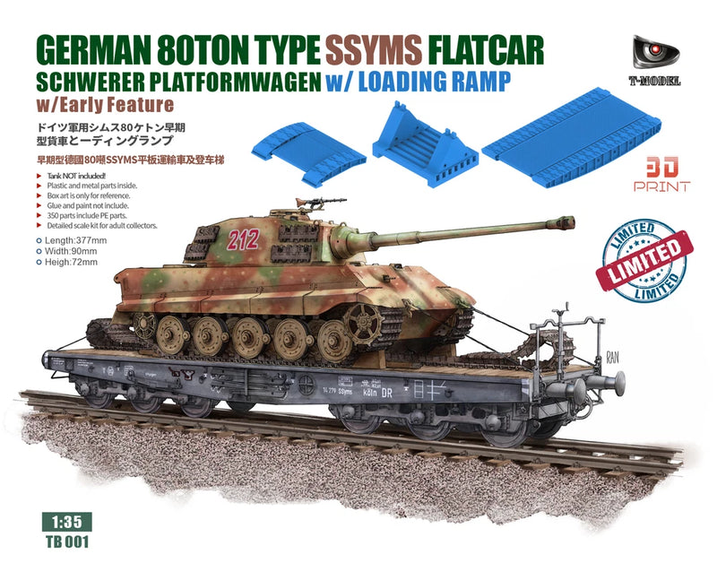 T-Model 1:35 German 80-ton SSYMS flatcar model with blue platform and loading ramp