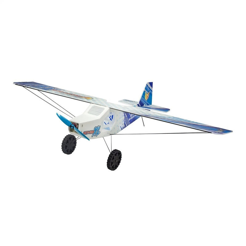 Blue and white ultra-light DIY RC airplane kit with twin wheels and front propeller