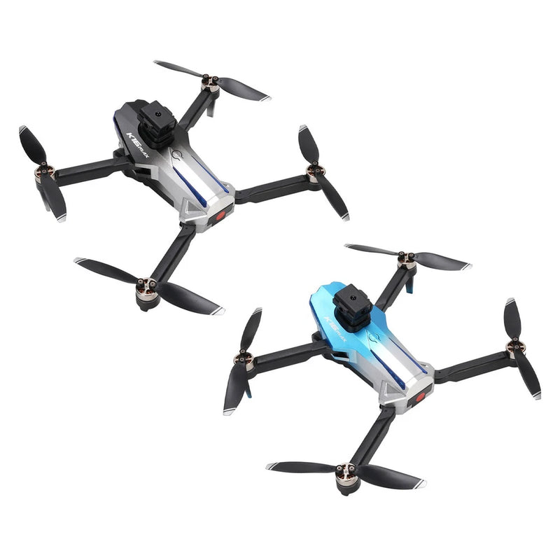 Quadcopter drone with four propellers, gray/black and blue body