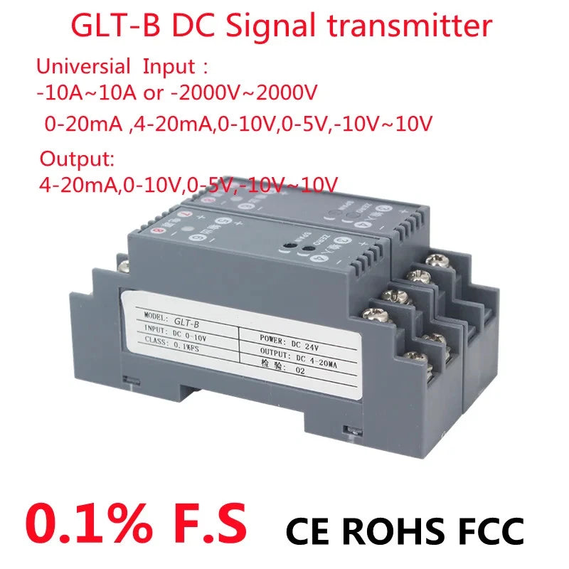 Gray DIN-rail DC signal transmitter module with terminal blocks and label