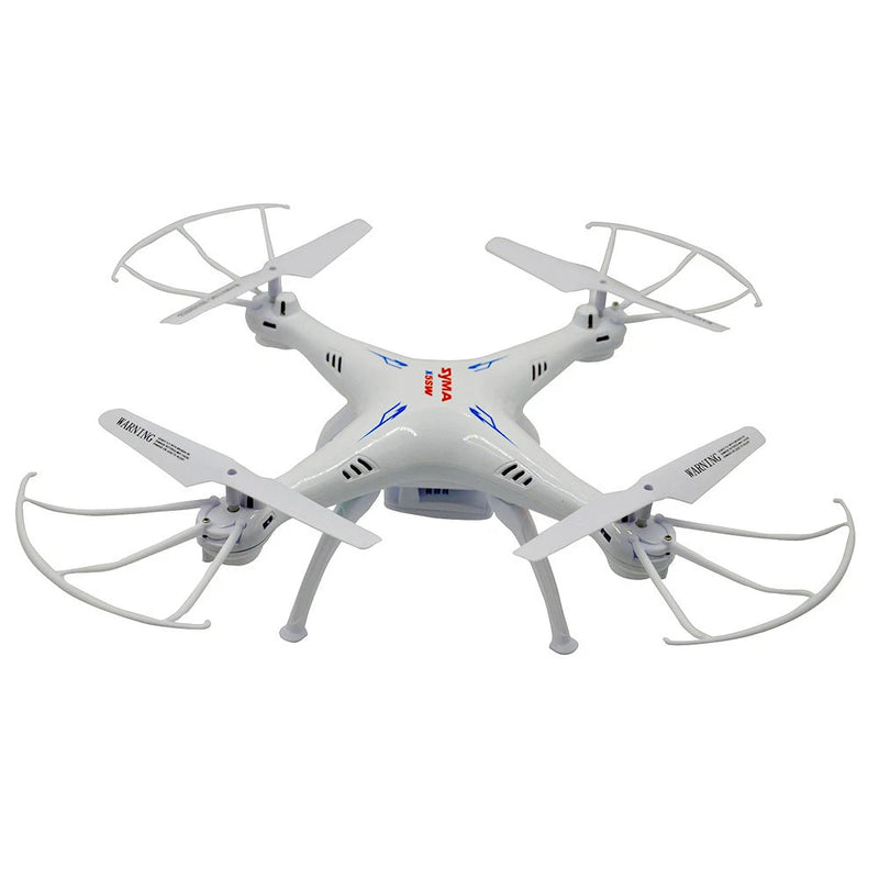White quadcopter drone with four propellers and camera, ready for remote control